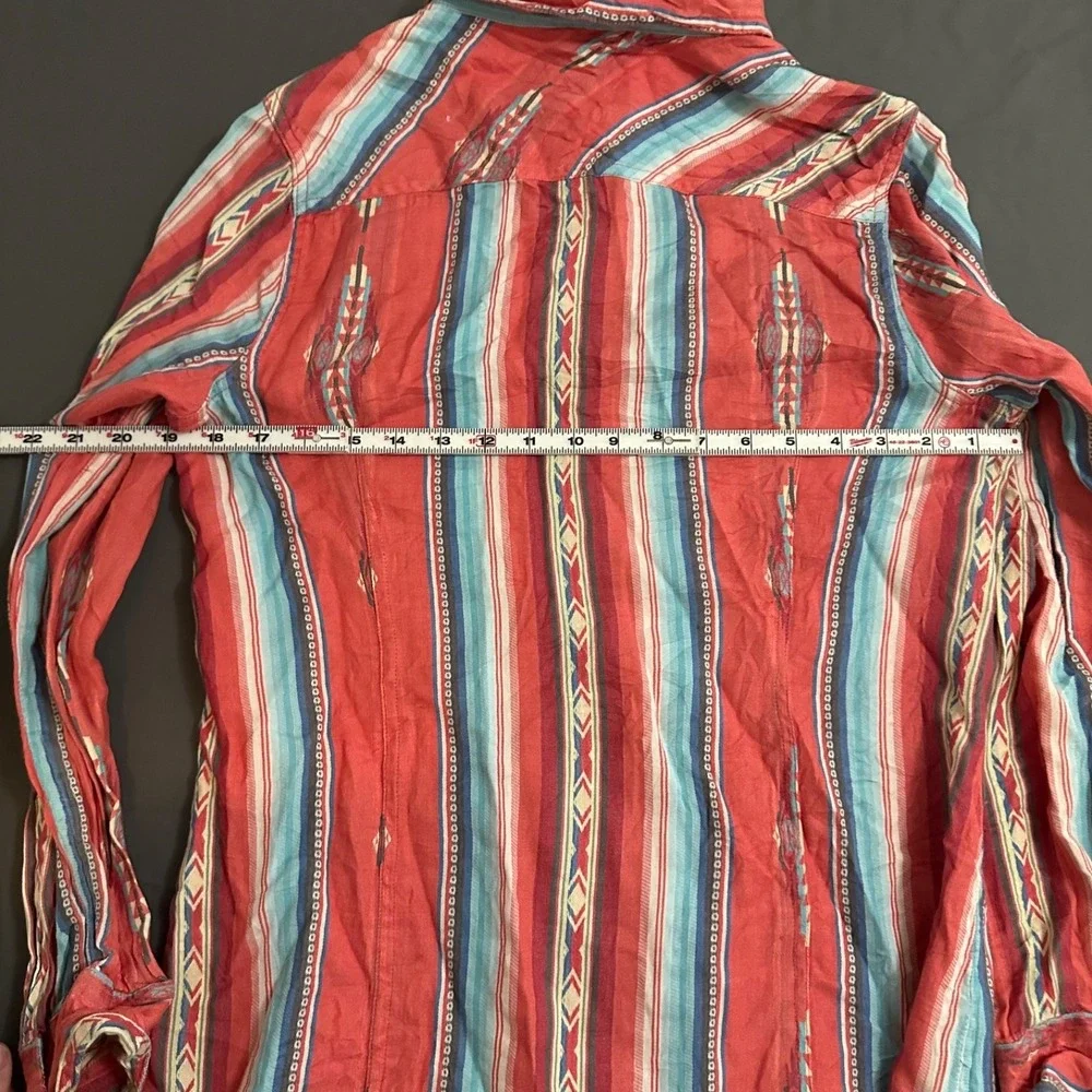 Crazy Train Shirt Mens Large Red Multi Color Western Aztec Pearl Snaps Cowboy